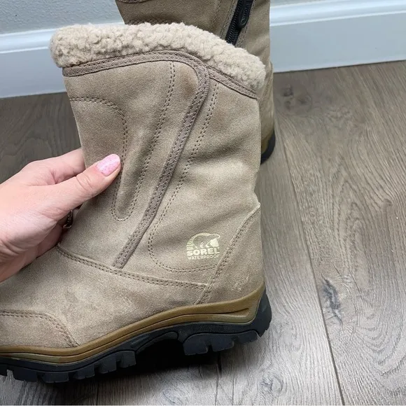 Sorel Waterfall Thinsulate Snow Boots Tan Beige Suede Upper Waterproof Size 5