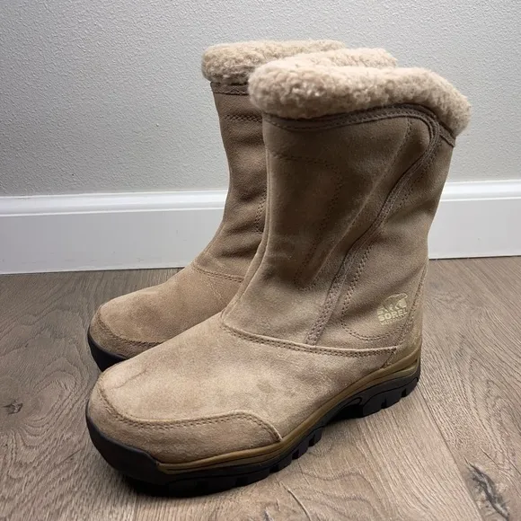Sorel Waterfall Thinsulate Snow Boots Tan Beige Suede Upper Waterproof Size 5