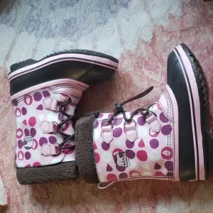 Sorel waterproof girls snow rain  boots pink an purple dots 4