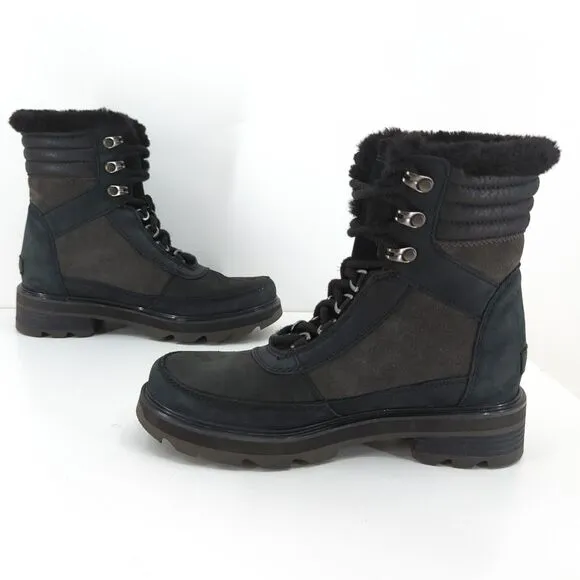 Sorel Women 7 Lennox Lace Cozy Boots Jet Black Leather Suede Waterproof Stacked