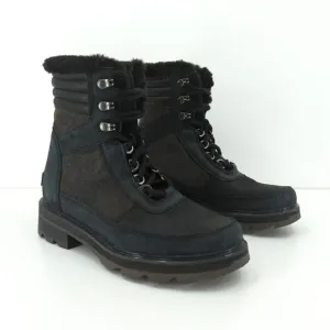 Sorel Women 7 Lennox Lace Cozy Boots Jet Black Leather Suede Waterproof Stacked