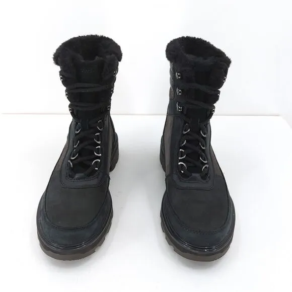 Sorel Women 7 Lennox Lace Cozy Boots Jet Black Leather Suede Waterproof Stacked