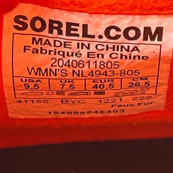 Sorel Women Size 9.5 Out N About III Puffy Orange Zip Waterproof Insulated Boots