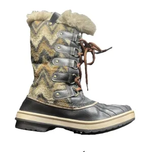 Sorel Womens 8 Tofino Black Chevron Mid Calf Snow Winter Boots Boho Waterproof