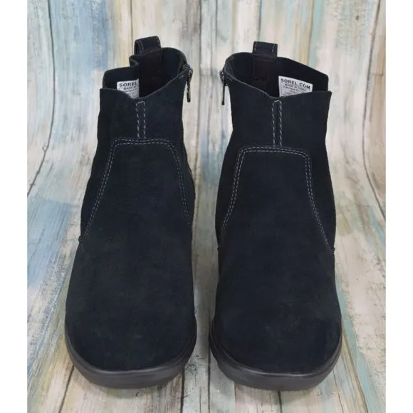 Sorel Women's Evie Bootie Size 8.5 Waterproof Black Suede Zip Wedge Ankle Boots