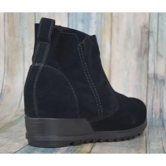 Sorel Women's Evie Bootie Size 8.5 Waterproof Black Suede Zip Wedge Ankle Boots