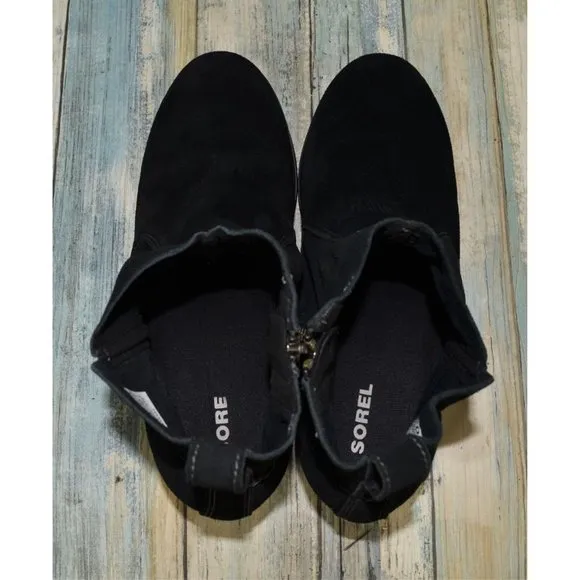 Sorel Women's Evie Bootie Size 8.5 Waterproof Black Suede Zip Wedge Ankle Boots