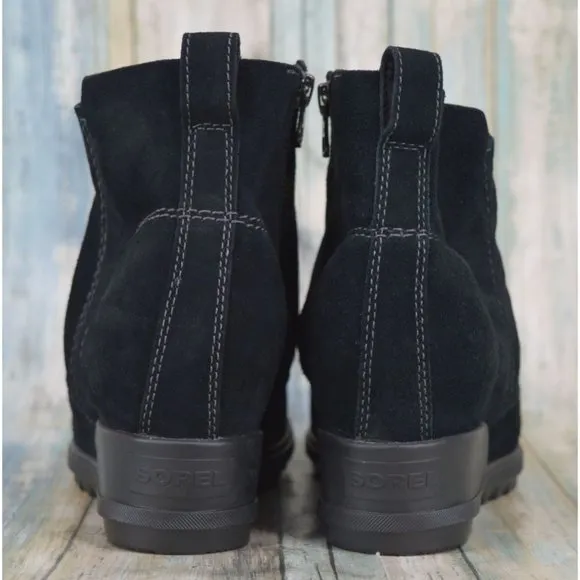 Sorel Women's Evie Bootie Size 8.5 Waterproof Black Suede Zip Wedge Ankle Boots