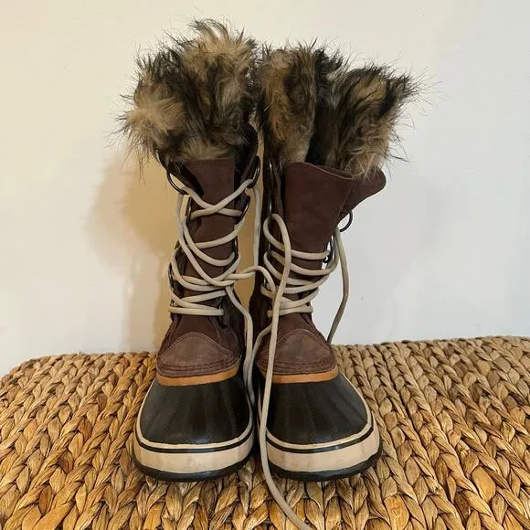 Sorel Women's Joan of Arctic Boots sz 8 Brown Suede Faux Fur Snow Boots