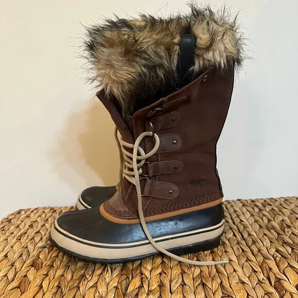 Sorel Women's Joan of Arctic Boots sz 8 Brown Suede Faux Fur Snow Boots