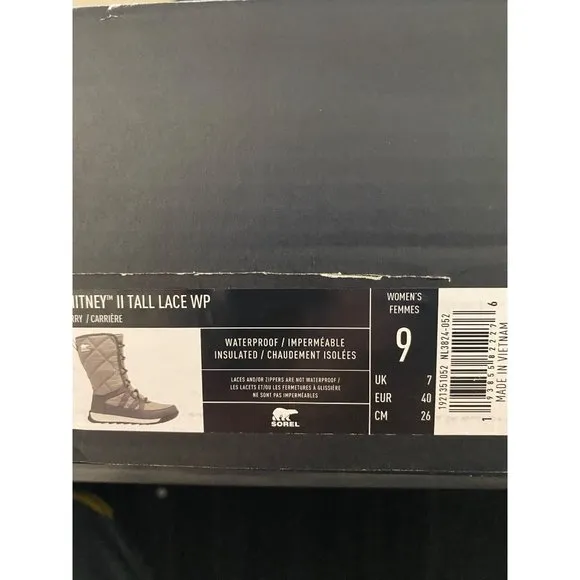 Sorel Women's Whitney Tall Lace Up Waterproof Boots Quarry Size 9 NIB