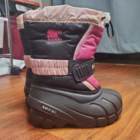Sorel Youth Flurry Black Pink Insulated Winter Boots Kids Size 8 Lined Warm