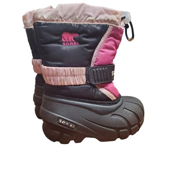 Sorel Youth Flurry Black Pink Insulated Winter Boots Kids Size 8 Lined Warm