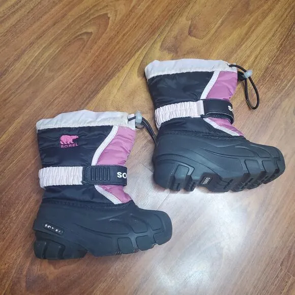 Sorel Youth Flurry Black Pink Insulated Winter Boots Kids Size 8 Lined Warm