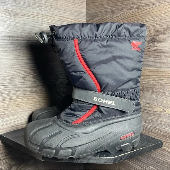 Sorel youth flurry winter snow boots black red insulated