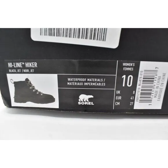 Sorel Womens Size 10 Hi Line Hiker Jet Black Waterproof Leather Lace Up Boots