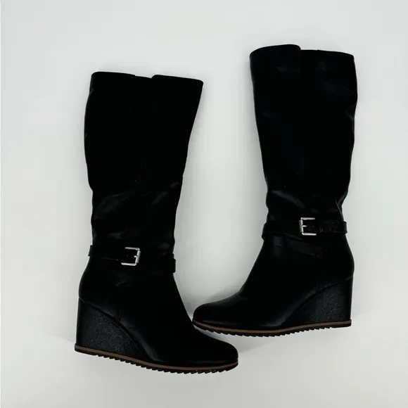 Soul Naturalizer Womens Harvest Riding Boots Black Buckle Wedge Knee High 10