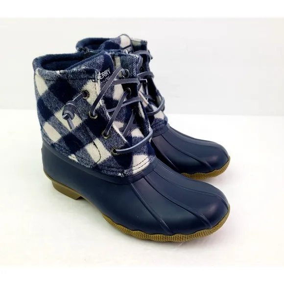 Sperry Top Sider Saltwater Youth Sz 1Y Blue Plaid Wool Waterproof Duck Boots