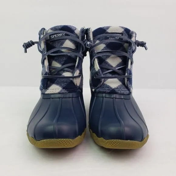 Sperry Top Sider Saltwater Youth Sz 1Y Blue Plaid Wool Waterproof Duck Boots