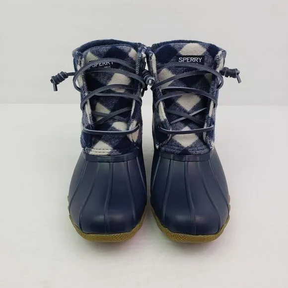 Sperry Top Sider Saltwater Youth Sz 1Y Blue Plaid Wool Waterproof Duck Boots