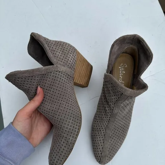 Splendid Split Side Ankle Boots Sz 8.5 Perforated Suede Leather Block Heels Grey