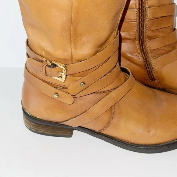 Steve Madden Albany Cognac Leather Belted Riding Boots Sz 8.5