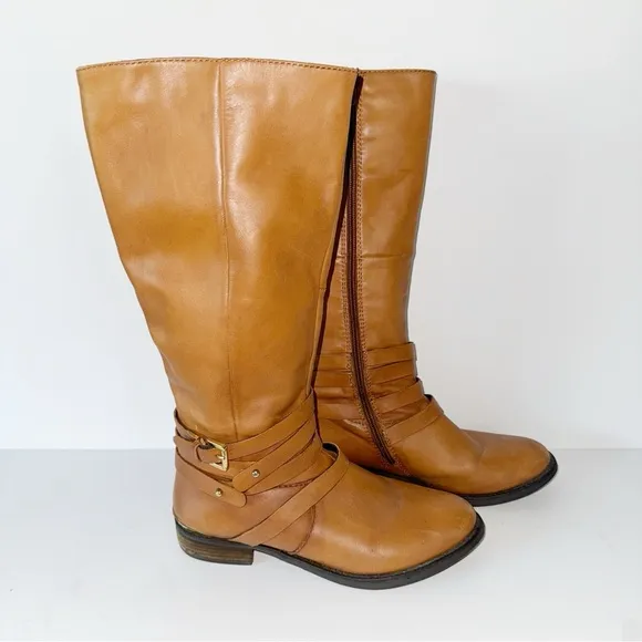 Steve Madden Albany Cognac Leather Belted Riding Boots Sz 8.5