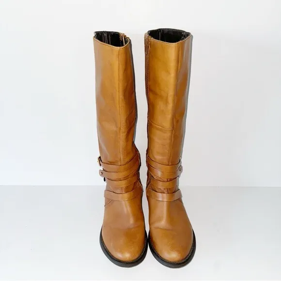 Steve Madden Albany Cognac Leather Belted Riding Boots Sz 8.5