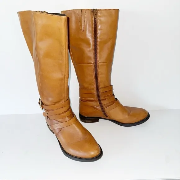 Steve Madden Albany Cognac Leather Belted Riding Boots Sz 8.5