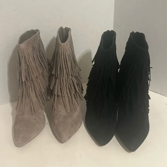 Steve Madden Black Khaki Suede Flapper Fringe Ankle Western Booties Boots Size 9