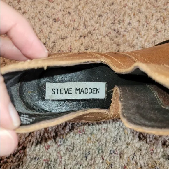 Steve Madden Boots Size 8.5 Aliee Leather Brown Ankle Booties Chunky Block Heel