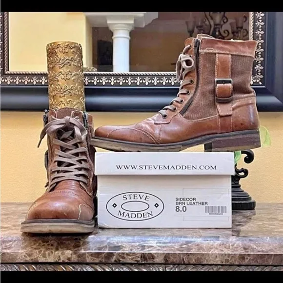 Steve Madden Brown Boots size 8 Sidecor  Buckle Combat boots