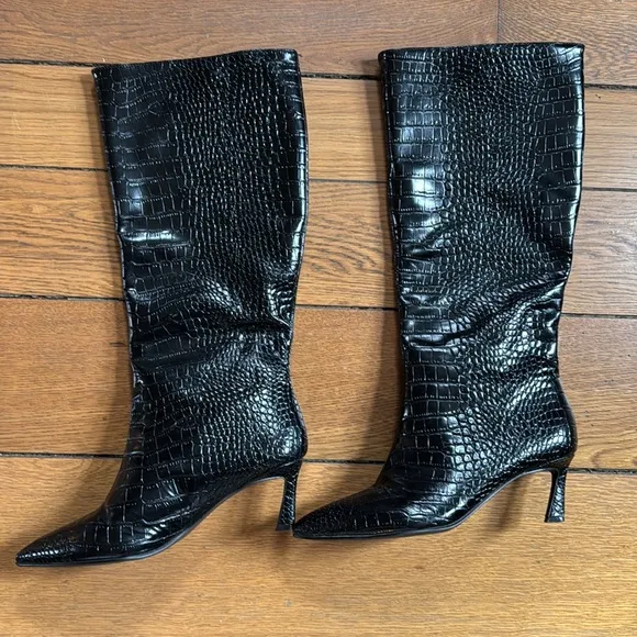 Steve Madden Lavan Black Croc Crocodile Kitten Heel Boots Knee High Leather 9