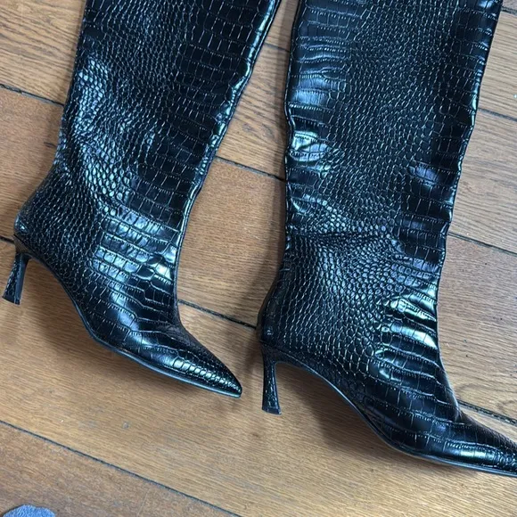 Steve Madden Lavan Black Croc Crocodile Kitten Heel Boots Knee High Leather 9