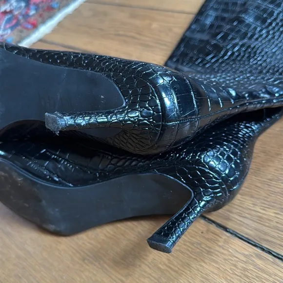 Steve Madden Lavan Black Croc Crocodile Kitten Heel Boots Knee High Leather 9