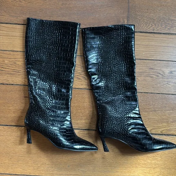 Steve Madden Lavan Black Croc Crocodile Kitten Heel Boots Knee High Leather 9