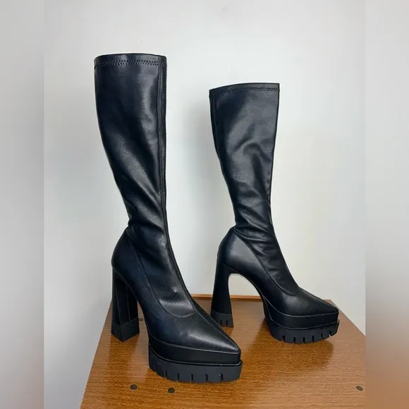 Steve Madden Mara 8.5M Black Stretch Leather Chunky Platform knee Boots Future