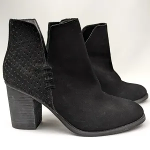 Steve Madden Shepp Perforated Suede Boot Notched Whipstitched Block Heel Black 9