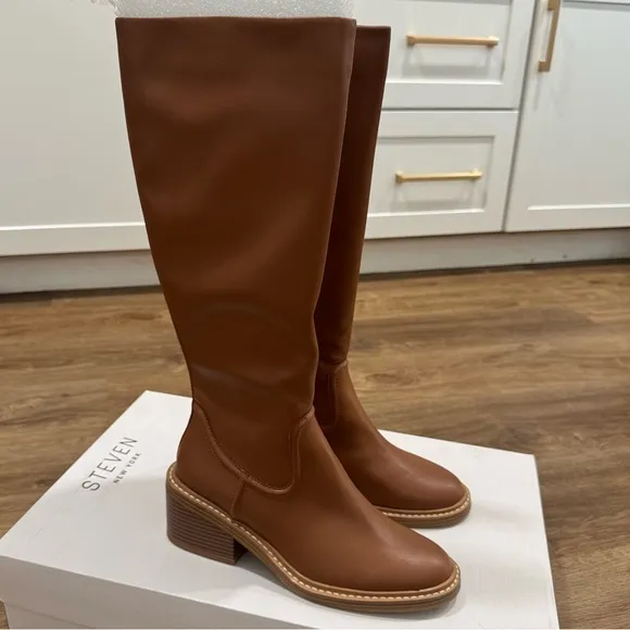 Steven by Steve Madden Calda KneeHigh Riding Boot Cognac Brown Retro Vintage NEW