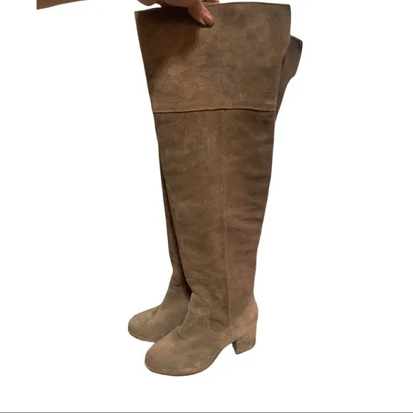 STEVEN STEVE MADDEN Saavior Over Knee Boots Tan Suede Covered Heel 6.5 EUC