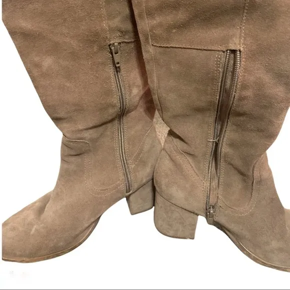 STEVEN STEVE MADDEN Saavior Over Knee Boots Tan Suede Covered Heel 6.5 EUC