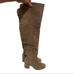 STEVEN STEVE MADDEN Saavior Over Knee Boots Tan Suede Covered Heel 6.5 EUC