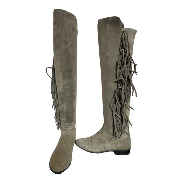 Stuart Weitzman •6• Mane Fringe Over the Knee Taupe Beige Suede 50/50 Boots NEW