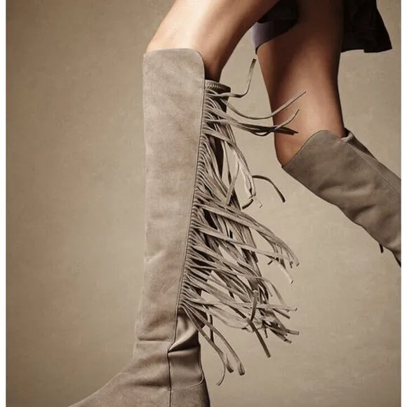 Stuart Weitzman •6• Mane Fringe Over the Knee Taupe Beige Suede 50/50 Boots NEW