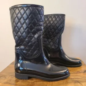 Stuart Weitzman Black Rubber &amp; Quilted Leather Rain Boots