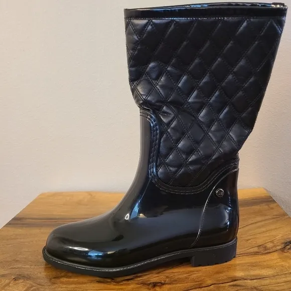 Stuart Weitzman Black Rubber &amp; Quilted Leather Rain Boots