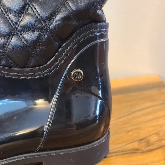 Stuart Weitzman Black Rubber &amp; Quilted Leather Rain Boots