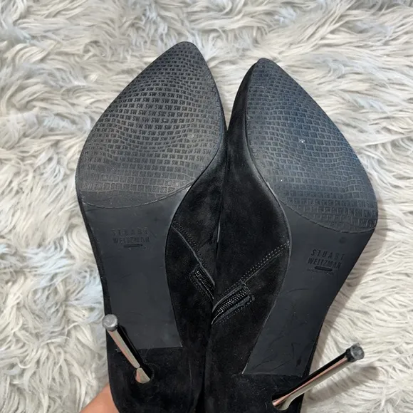 Stuart Weitzman Black Suede Metal Needle Heel Slit Front Ankle Boots Booties