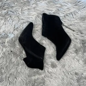 Stuart Weitzman Black Suede Metal Needle Heel Slit Front Ankle Boots Booties