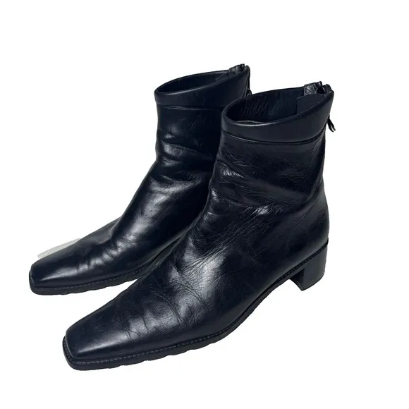 Stuart Weitzman Boots  Black Leather Ankle Square Toe Block Heel  Women